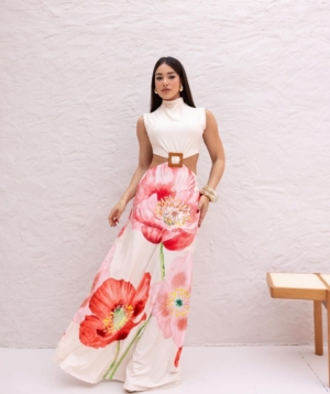 Vestido Longo Estampado Fivela Gola Alta Premium