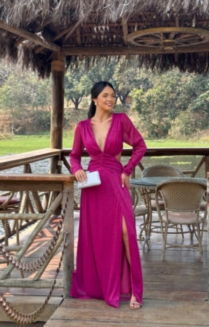 Vestido Lurex Fenda Bojo Feminino